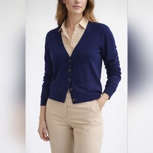 J.Crew Blue 100% Merino Wool V-Neck Cardigan Sweater M Minimalist Quiet Luxury